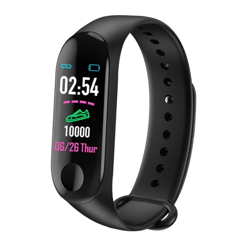 M3 Smart Bracelet with colour screen on a wrist, showing heart rate display.