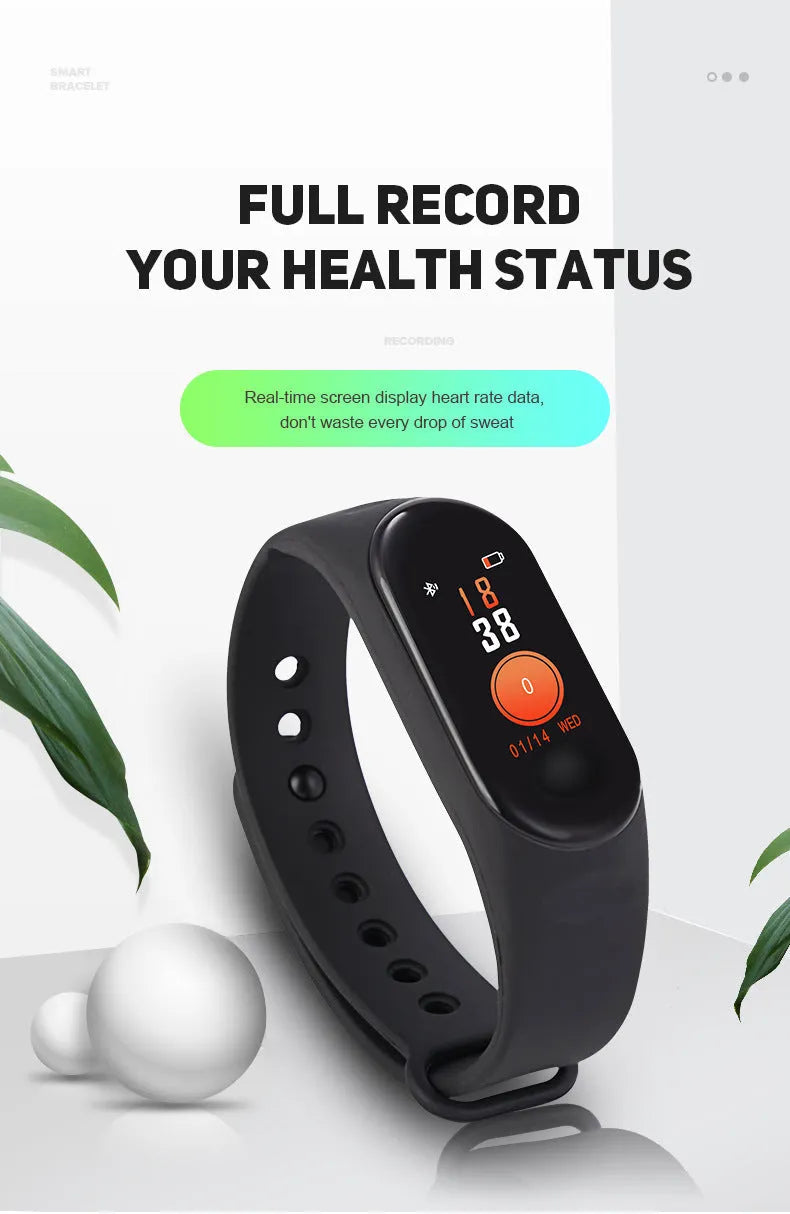 M3 Smart Bracelet with colour screen on a wrist, showing heart rate display.