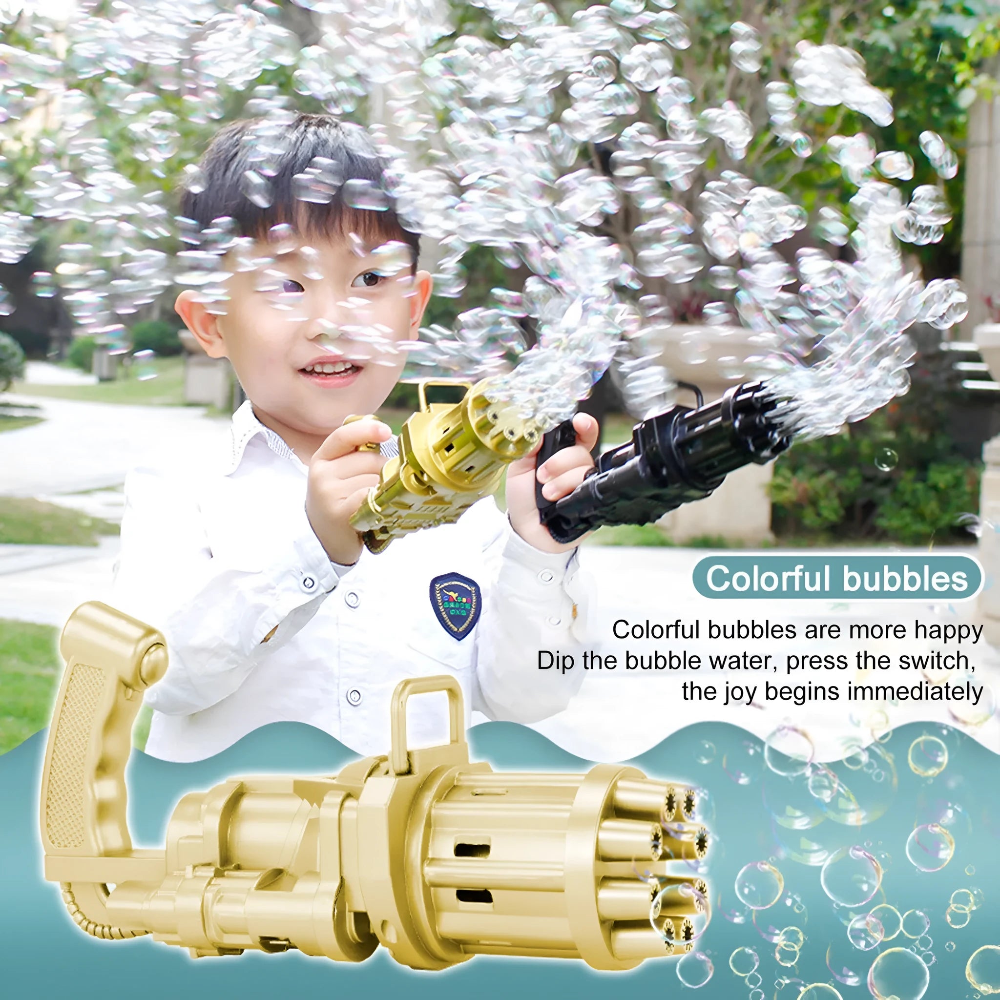 Children's bubble machine toy with machine gun design in pink, gold, or black colours