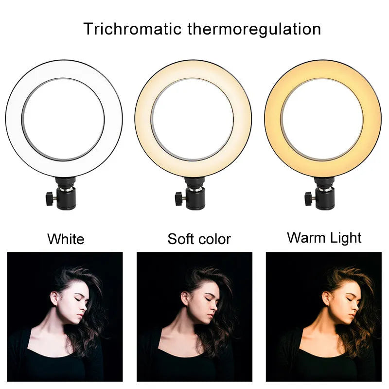 6 inch ring fill light with octopus tripod on desk, lamp black bracket, for iPhone compatible live streaming