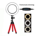 6 inch ring fill light with octopus tripod on desk, lamp black bracket, for iPhone compatible live streaming