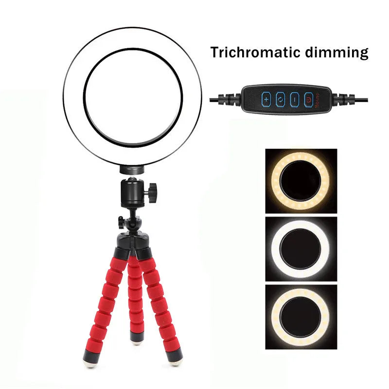 6 inch ring fill light with octopus tripod on desk, lamp black bracket, for iPhone compatible live streaming