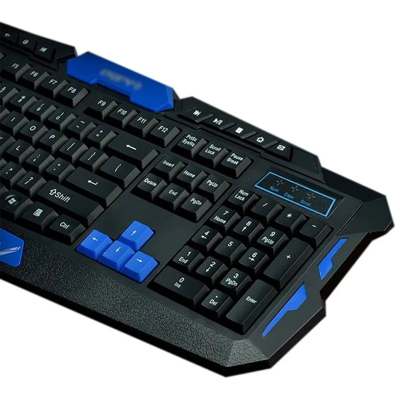 Black and blue wireless keyboard and mouse set with gaming features and waterproof construction