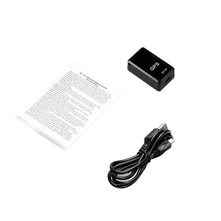 Black mini magnetic GPS tracker, 35×20×14mm, rechargeable with USB cable