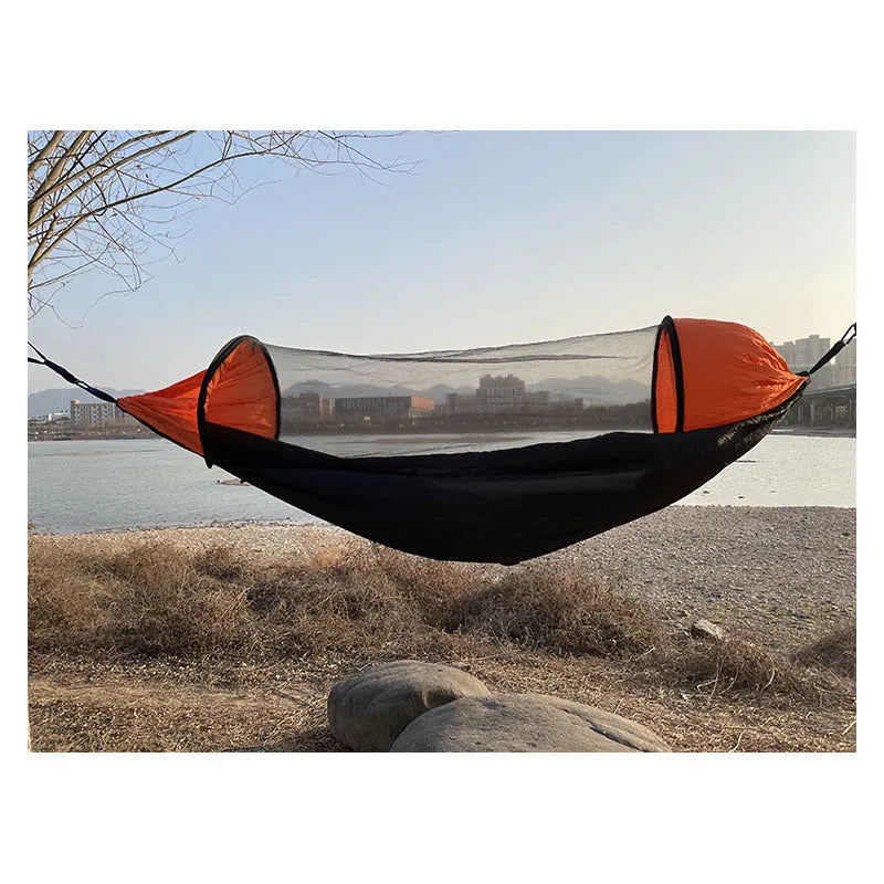Automatic quick-opening mosquito net hammock with tree belt and carabiner in Army Green Orange or Black Orange
