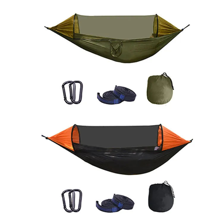 Automatic quick-opening mosquito net hammock with tree belt and carabiner in Army Green Orange or Black Orange