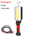 Red portable COB LED work light with magnet base and hook, showing USB charging port.