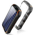 Orange solar power bank with emergency light showing charging ports and solar panel