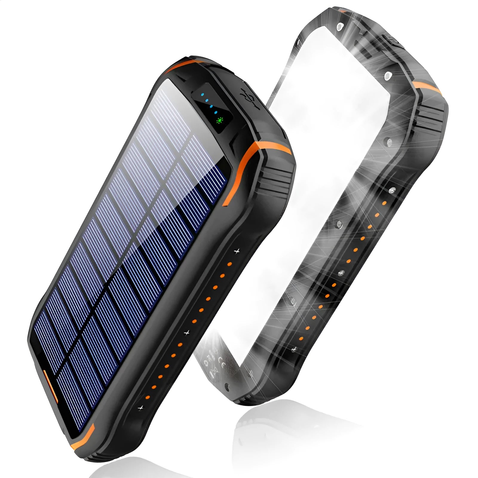 Orange solar power bank with emergency light showing charging ports and solar panel