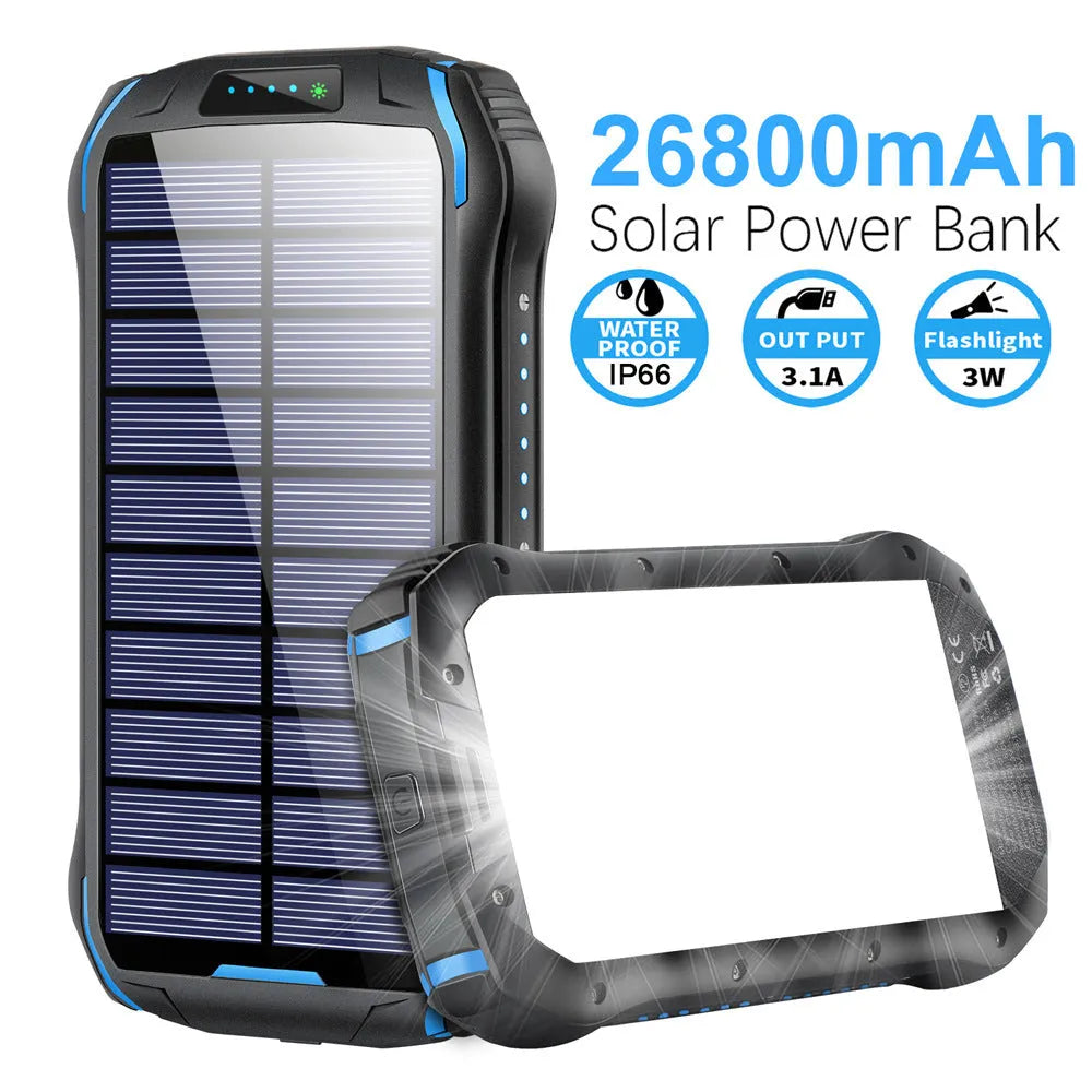 Orange solar power bank with emergency light showing charging ports and solar panel