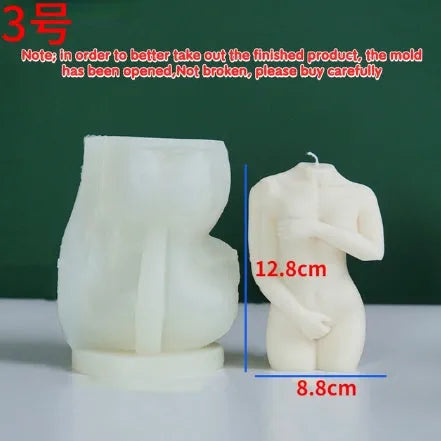 Silicone mould showing detailed shy female body shape for making candles or cakes.