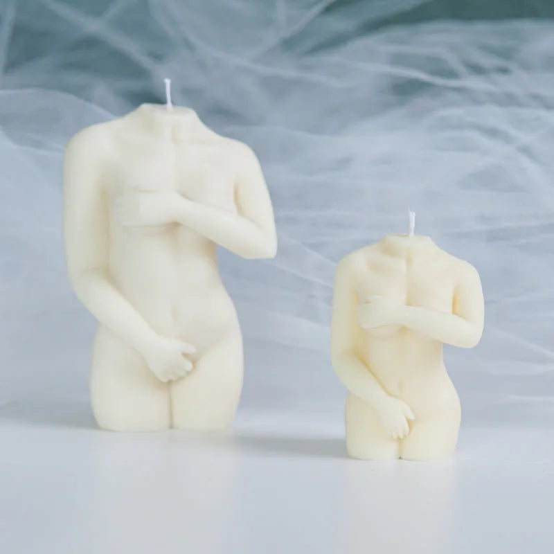 Silicone mould showing detailed shy female body shape for making candles or cakes.