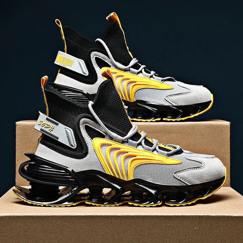 Blade men's casual sneakers with colour match design, flying woven upper, and TPU sole in black and yellow