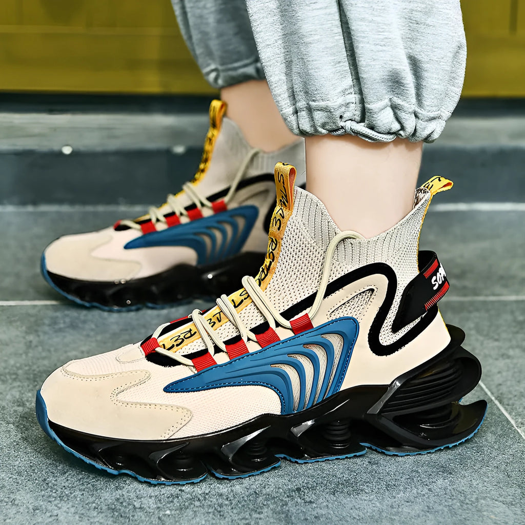 Blade men's casual sneakers with colour match design, flying woven upper, and TPU sole in black and yellow