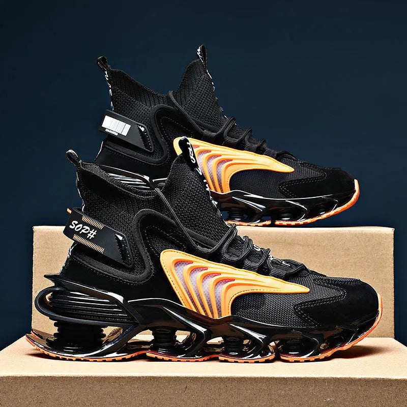 Blade men's casual sneakers with colour match design, flying woven upper, and TPU sole in black and yellow