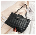 Large women's PU leather tote bag with lock closure and chain shoulder strap in horizontal square shape on white background