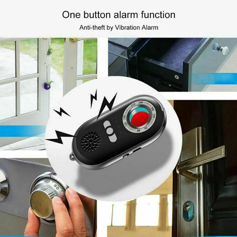 Compact black wireless signal detector with vibration sensor for anti-theft alarms.