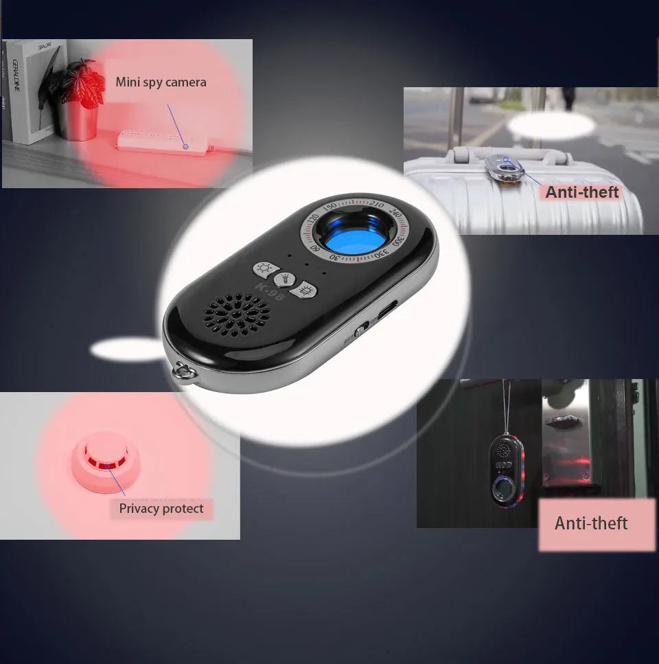 Compact black wireless signal detector with vibration sensor for anti-theft alarms.