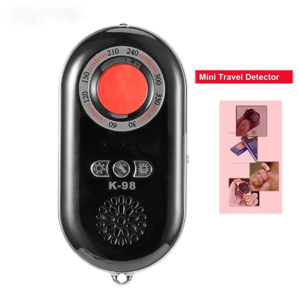 Compact black wireless signal detector with vibration sensor for anti-theft alarms.