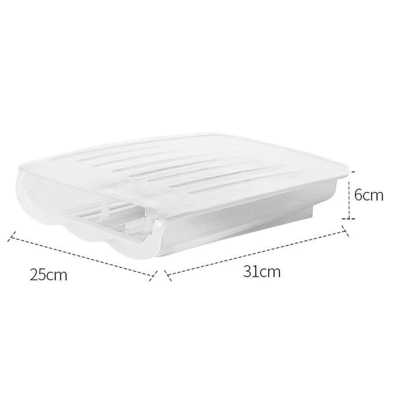 Drawer-type ventilated plastic egg storage box in blue colour showing dimensions