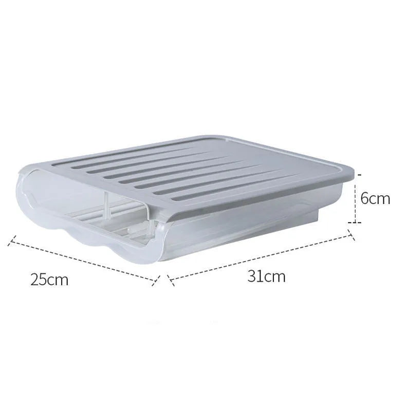 Drawer-type ventilated plastic egg storage box in blue colour showing dimensions