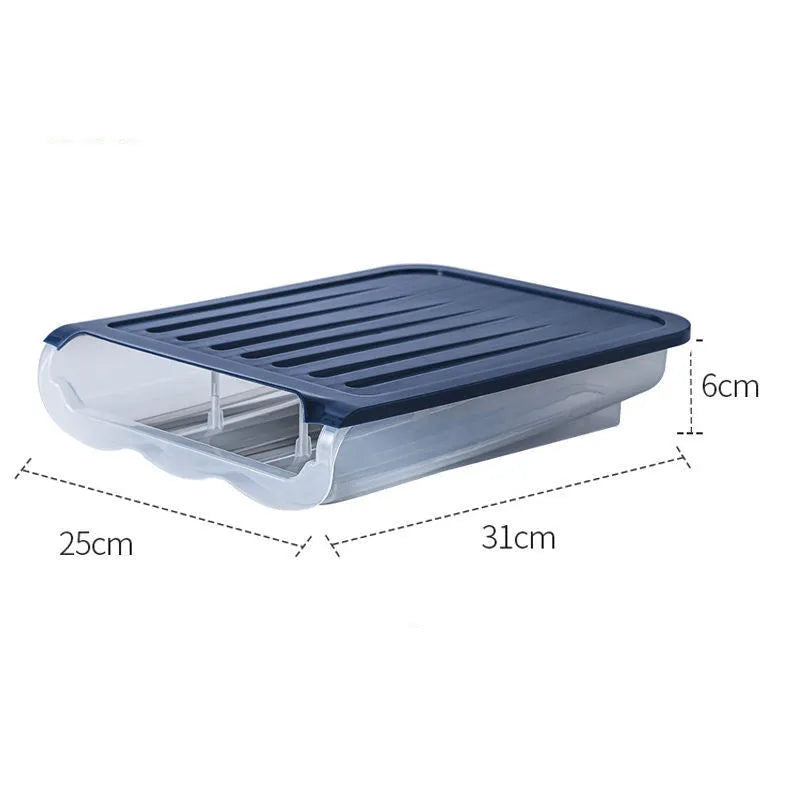 Drawer-type ventilated plastic egg storage box in blue colour showing dimensions