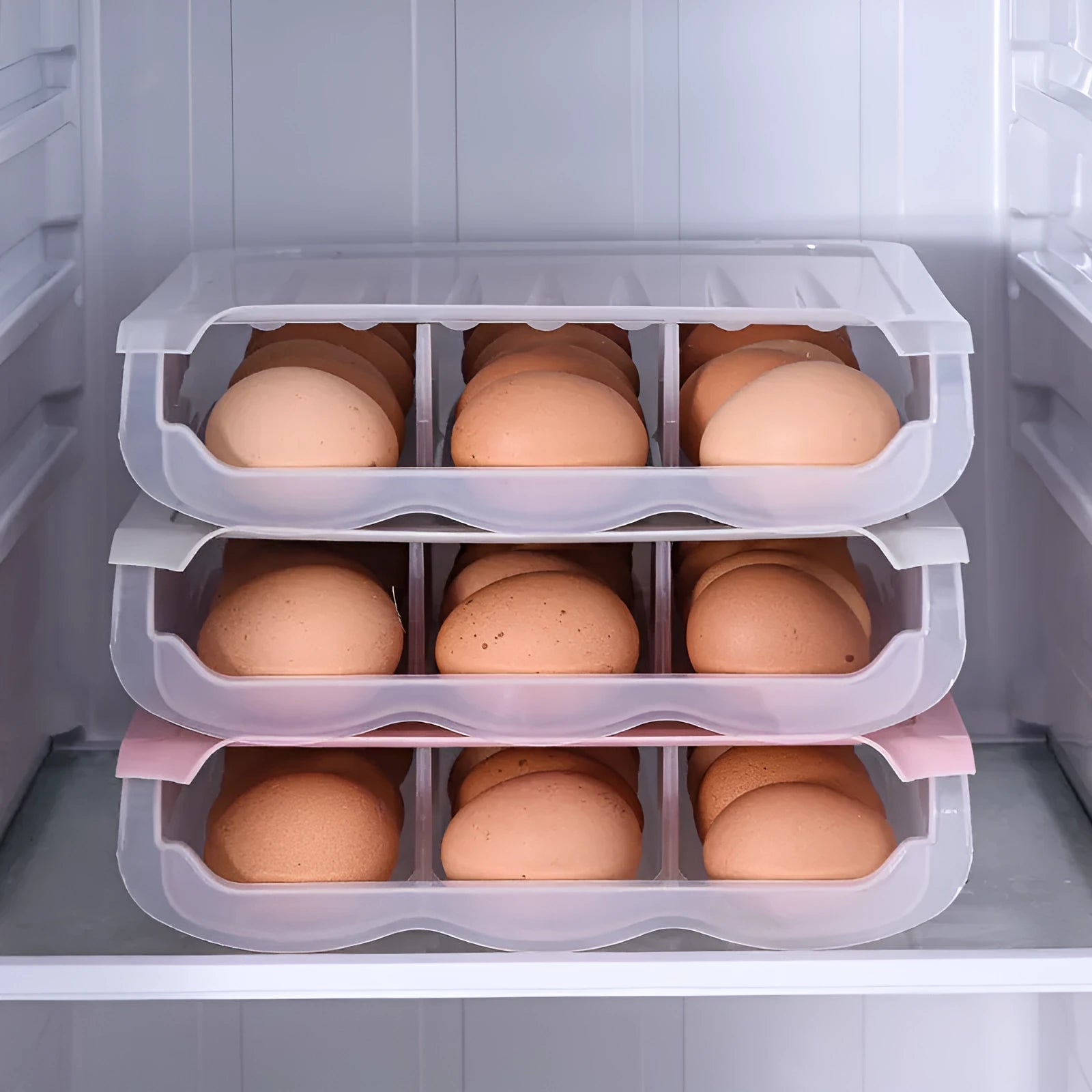 Drawer-type ventilated plastic egg storage box in blue colour showing dimensions