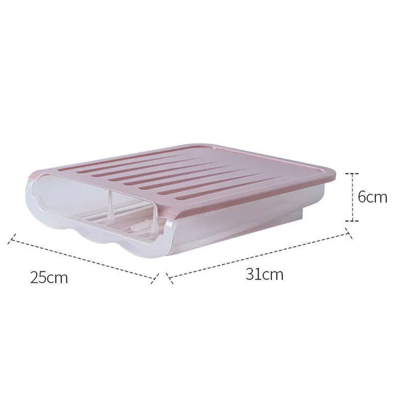 Drawer-type ventilated plastic egg storage box in blue colour showing dimensions