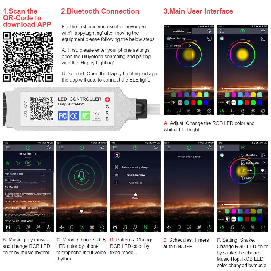 24-key mini Bluetooth DC head RGB controller for 5050 LED strip lights, 5-24V input, 140-degree beam angle