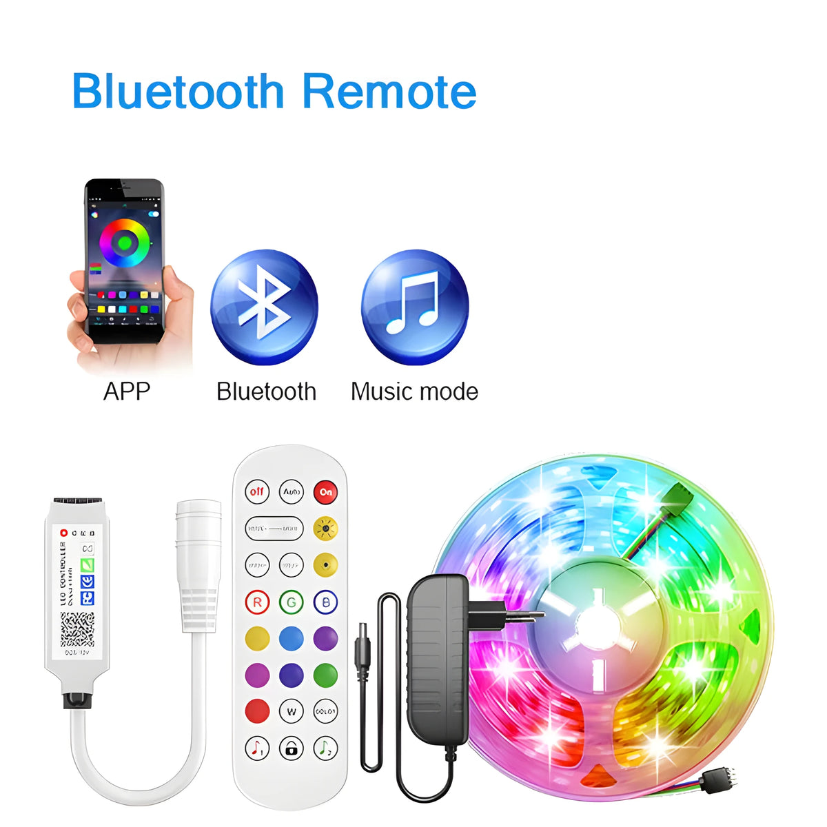 24-key mini Bluetooth DC head RGB controller for 5050 LED strip lights, 5-24V input, 140-degree beam angle