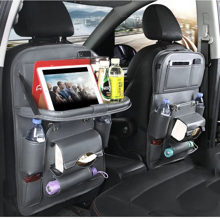 PU leather car storage bag with multiple pockets and built-in rubbish holder in black