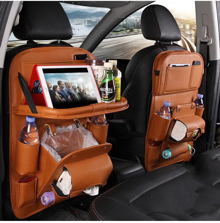 PU leather car storage bag with multiple pockets and built-in rubbish holder in black