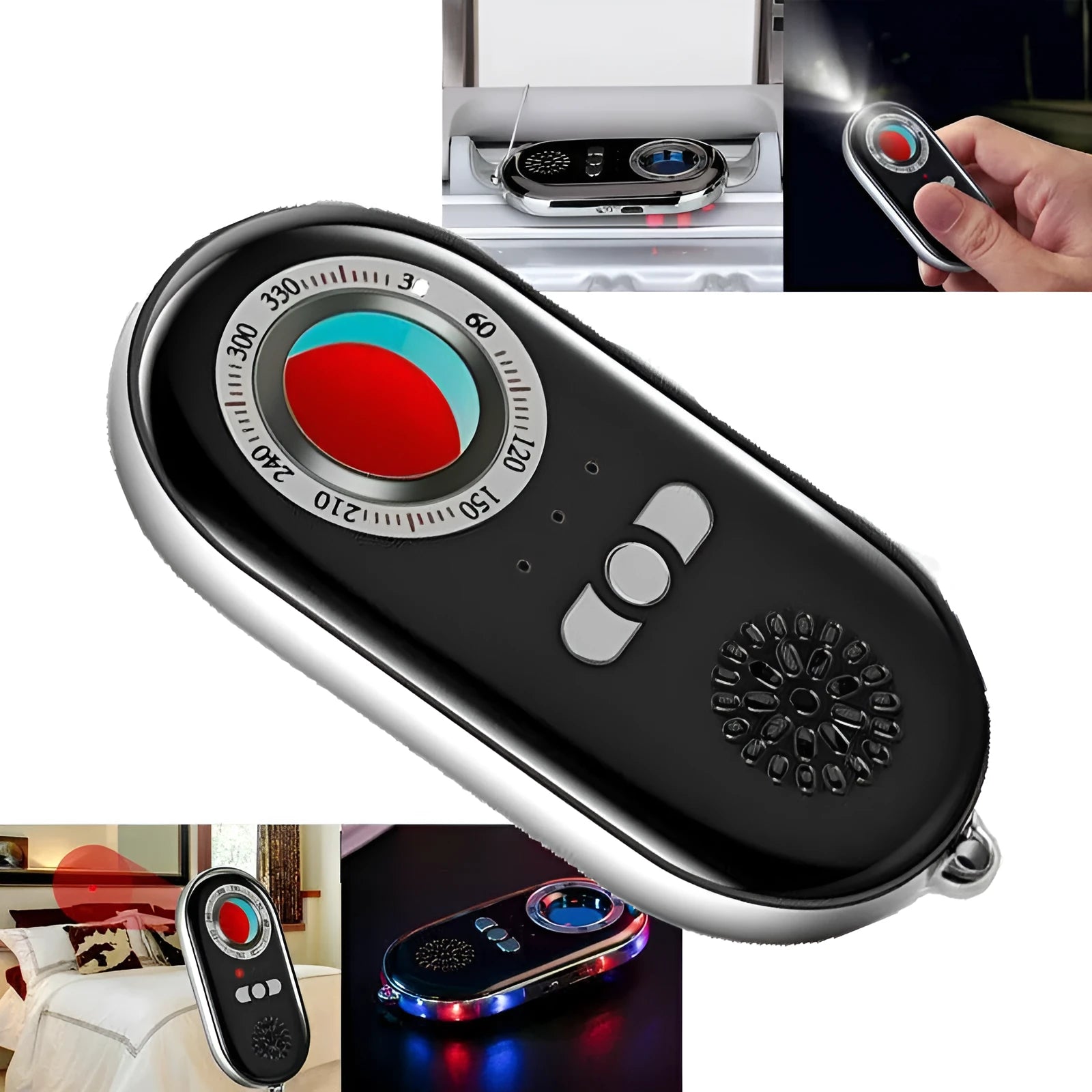 Compact black wireless signal detector with vibration sensor for anti-theft alarms.