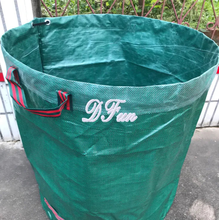 Green heavy-duty PP garden leaf bag for collecting leaves and garden waste.