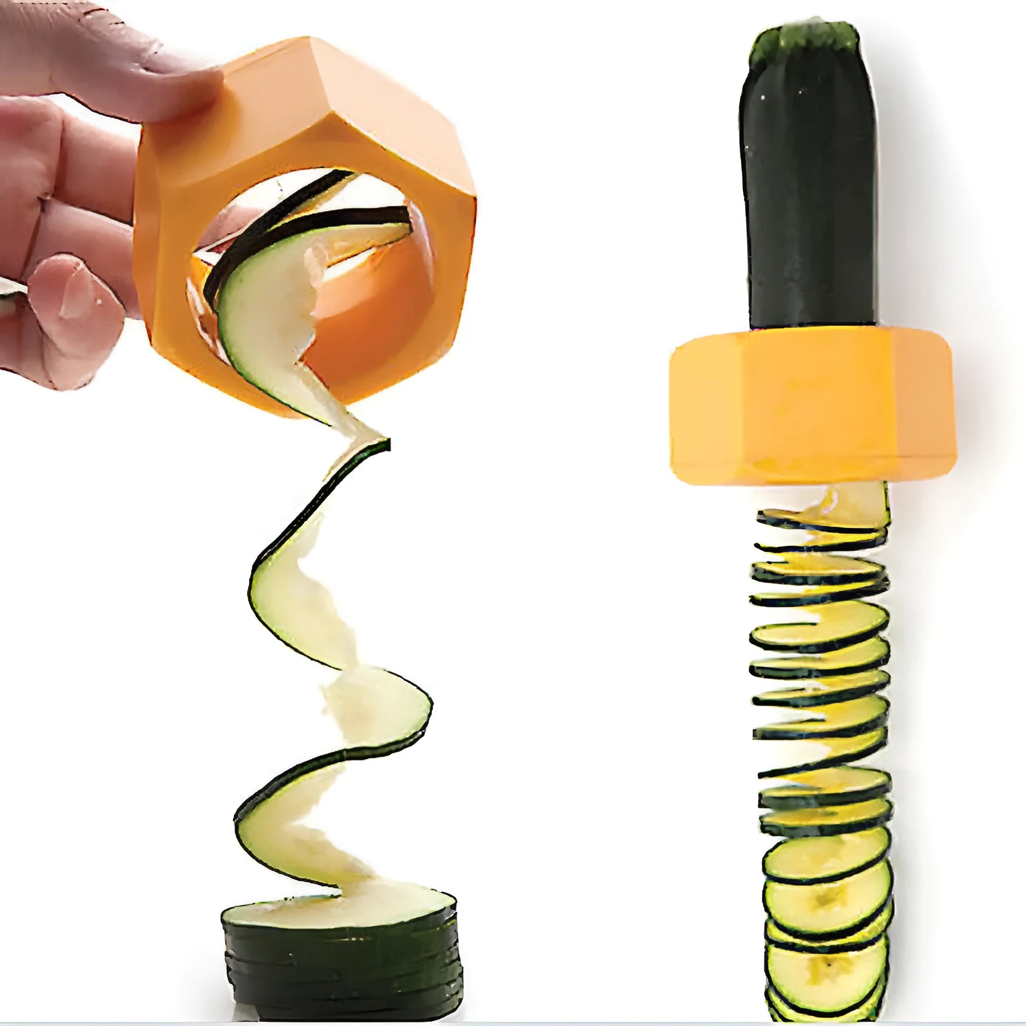 Yellow and green spiral knife vegetable cutter made of plastic on a kitchen worktop.