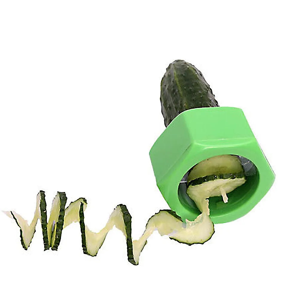 Yellow and green spiral knife vegetable cutter made of plastic on a kitchen worktop.
