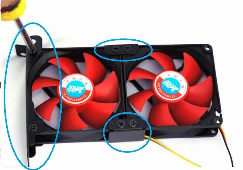 Black metal GPU cooling fan bracket with three adjustable arms for mounting an 8cm or 9cm case fan.