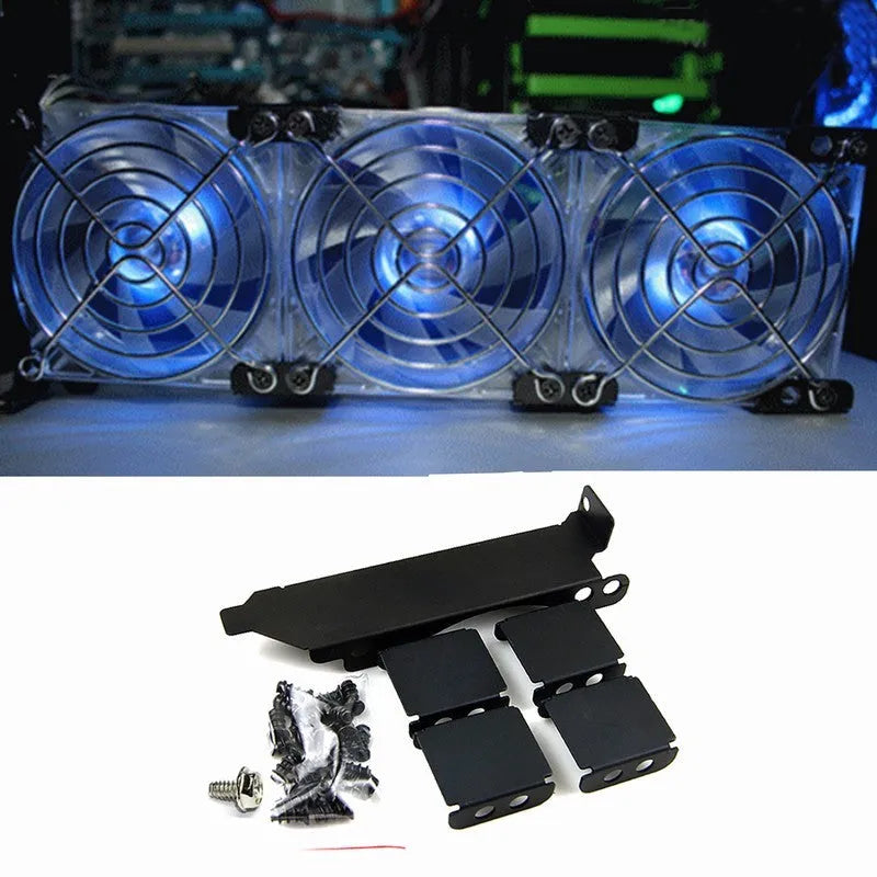 Black metal GPU cooling fan bracket with three adjustable arms for mounting an 8cm or 9cm case fan.