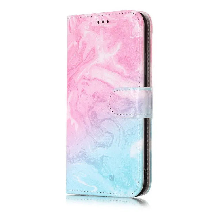 Marble pattern flip wallet phone case with cartoon animal design for iPhone