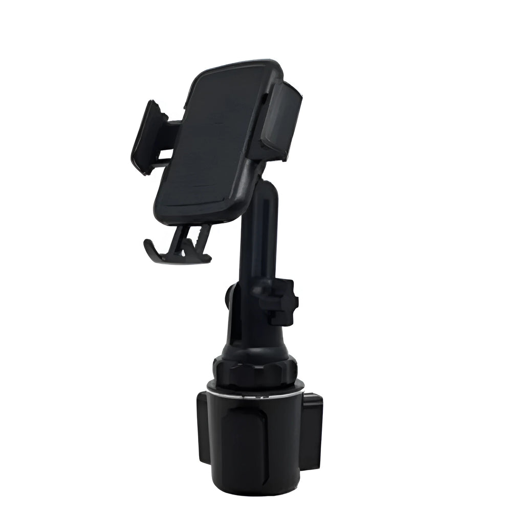 Black ABS car phone holder with adjustable arm and buckle clamp for air vent mounting.