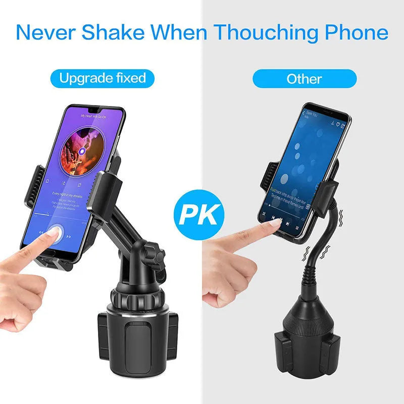 Black ABS car phone holder with adjustable arm and buckle clamp for air vent mounting.