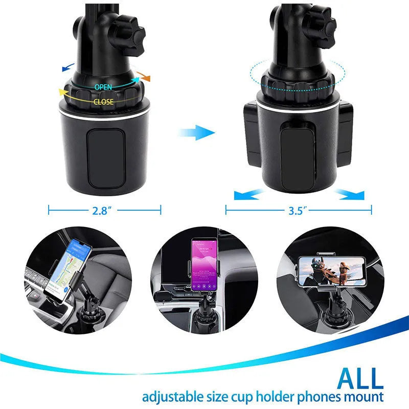Black ABS car phone holder with adjustable arm and buckle clamp for air vent mounting.
