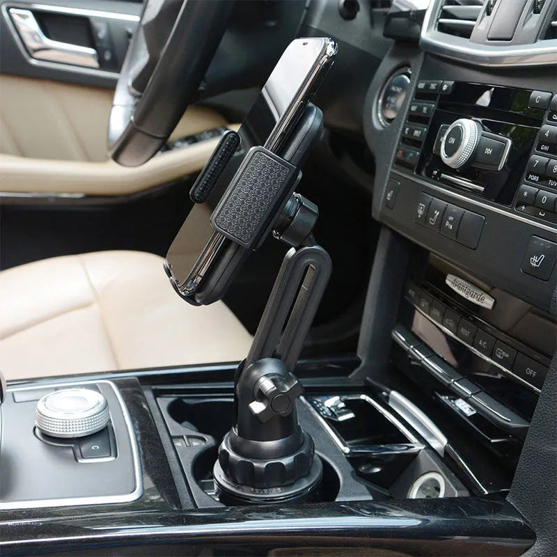 Black ABS car phone holder with adjustable arm and buckle clamp for air vent mounting.
