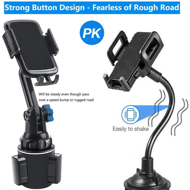 Black ABS car phone holder with adjustable arm and buckle clamp for air vent mounting.