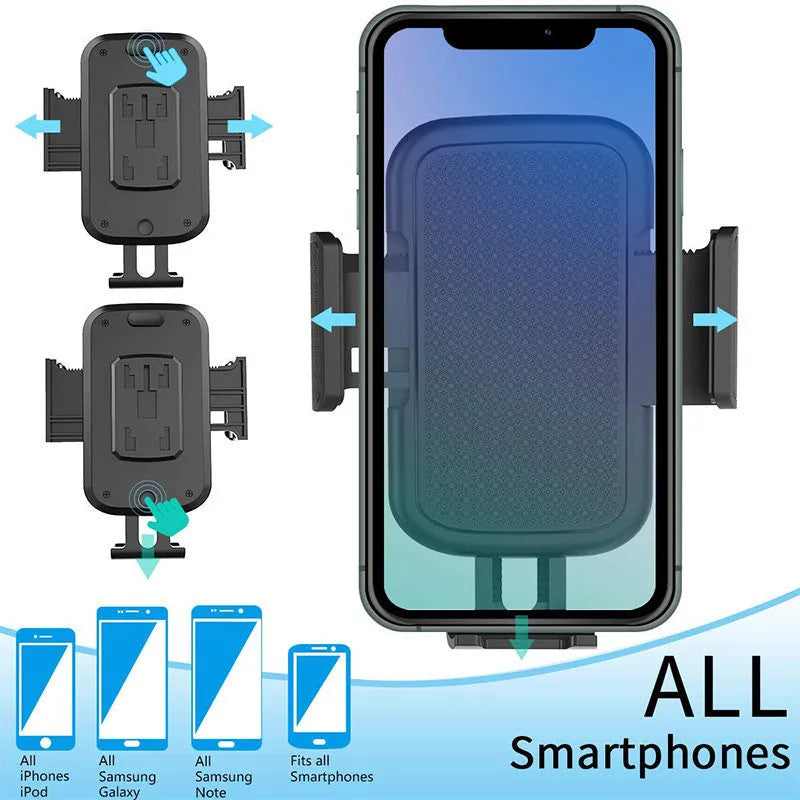 Black ABS car phone holder with adjustable arm and buckle clamp for air vent mounting.