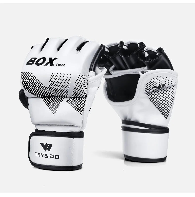 TRY&DO half-finger boxing gloves black white polyurethane explosion-proof leather MMA training