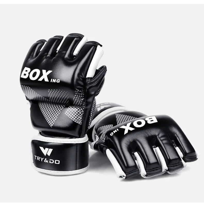 TRY&DO half-finger boxing gloves black white polyurethane explosion-proof leather MMA training