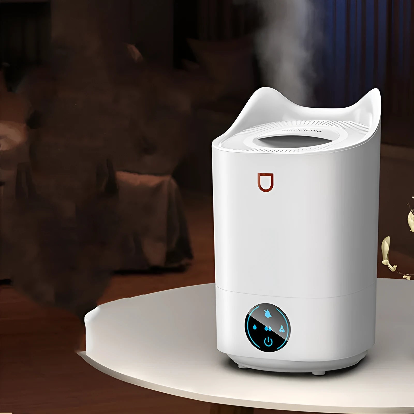 Coral Pink double spray USB humidifier with three mist outlets and a large water tank on a wooden surface.