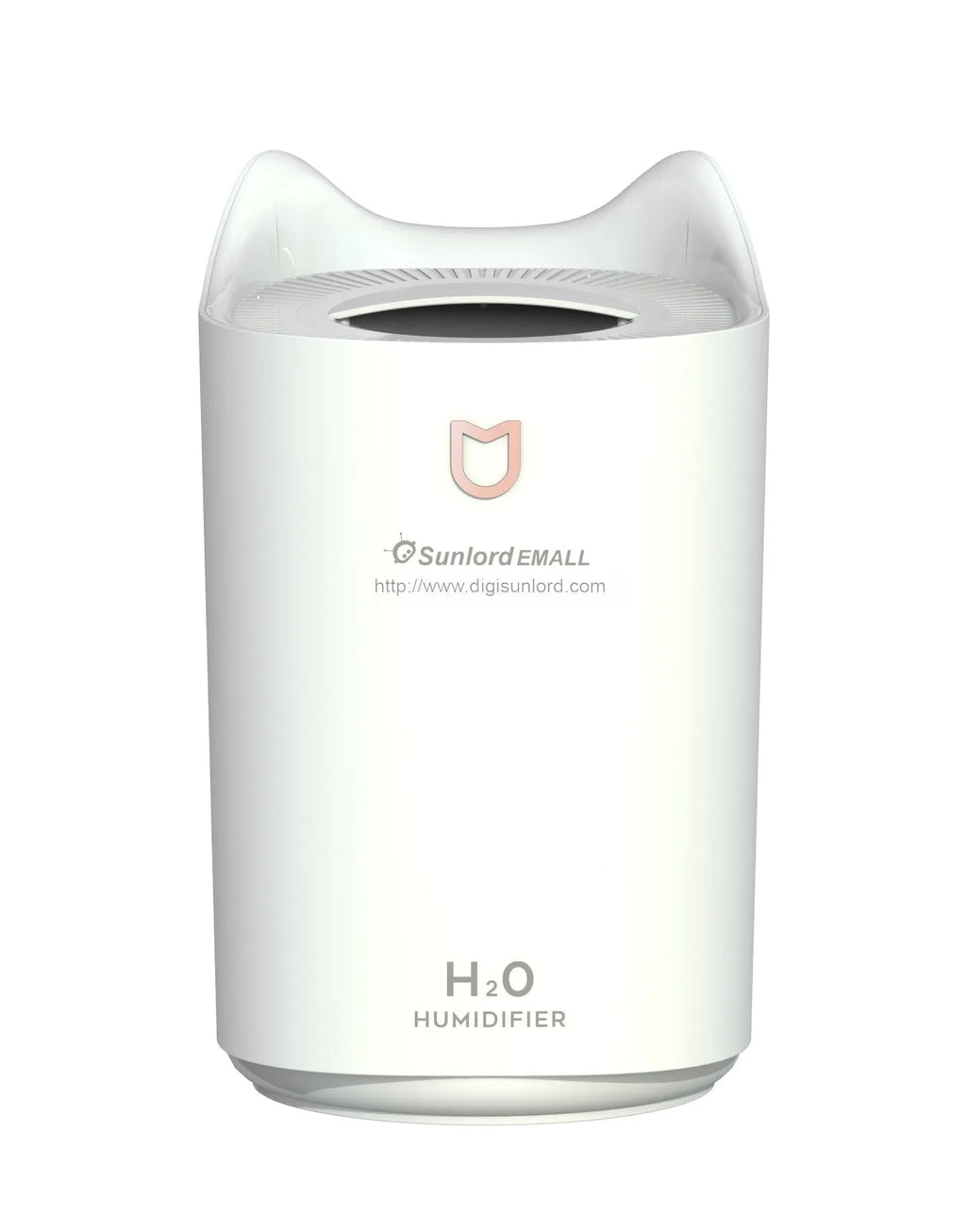 Coral Pink double spray USB humidifier with three mist outlets and a large water tank on a wooden surface.