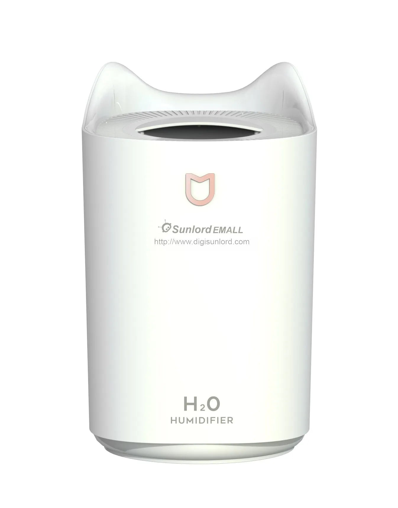 Coral Pink double spray USB humidifier with three mist outlets and a large water tank on a wooden surface.